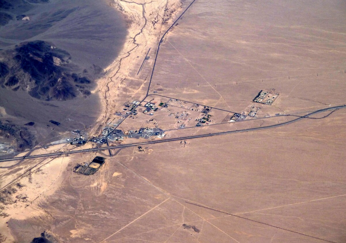 Aerial view of Baker, Mojave Desert, California, USA.