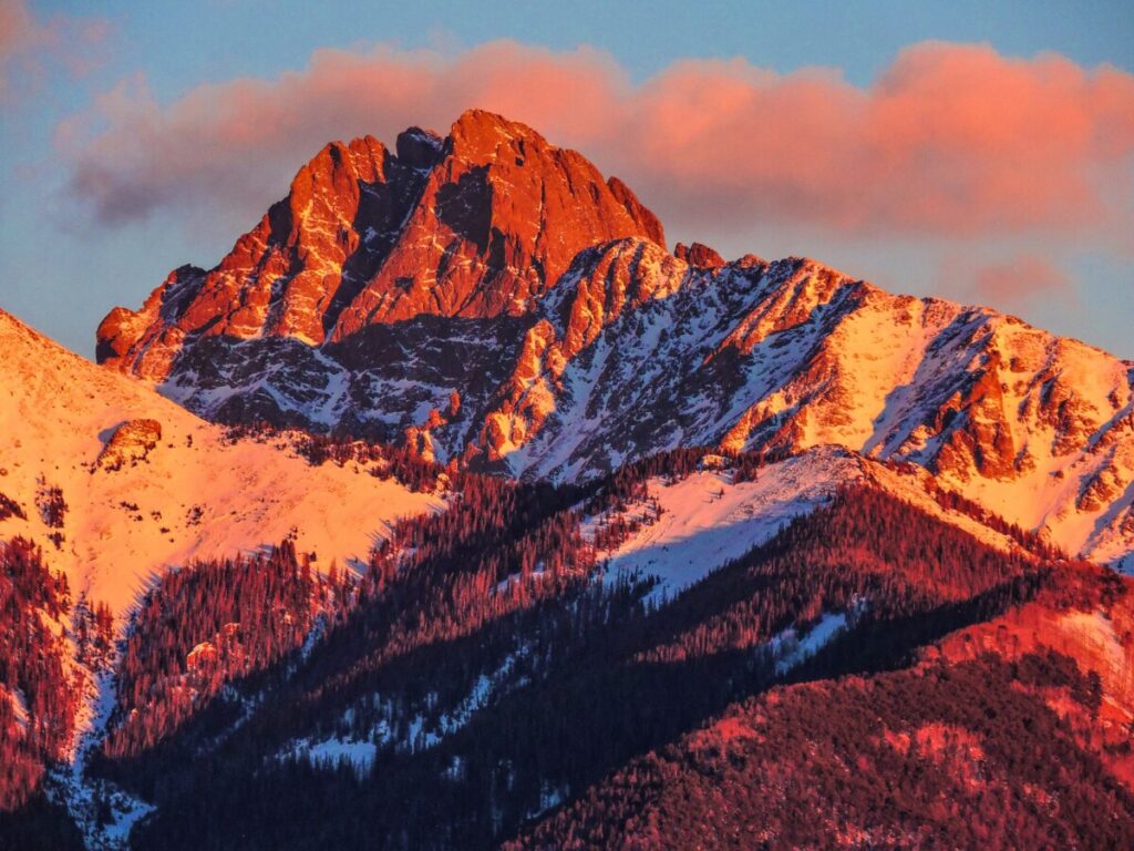 NPS/Patrick Myers Some of the best views of the Crestone Peaks are from the more remote north side of Great Sand Dunes National Park, near Liberty Gate Trailhea