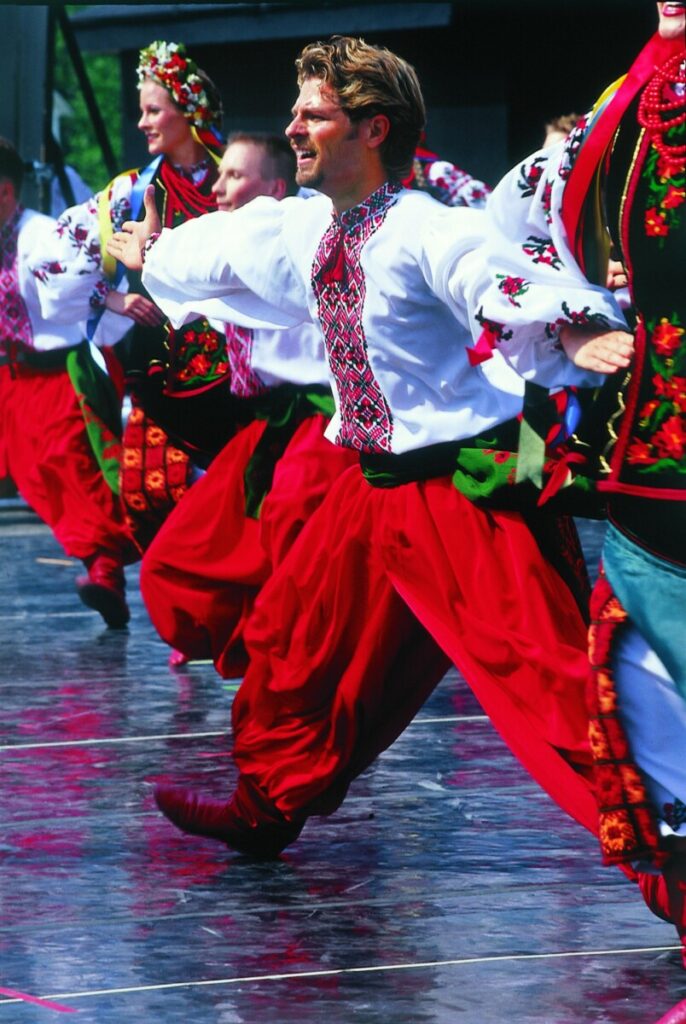 A performer in traditional Ukrainian dress at Canada's National Ukrainian Festival in Dauphin, Manitoba.