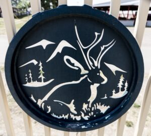 Title: One of two dozen or so silhouetted jackalope details on the Jackalope Bridge over the North Platte River in Douglas, Wyoming Physical description: 1 phot