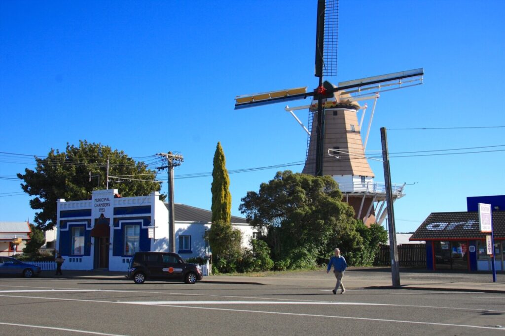 De Molen, a working Dutch windmill, beside the Manawatū River in Foxton, New Zealand.