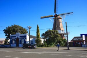 De Molen, a working Dutch windmill, beside the Manawatū River in Foxton, New Zealand.