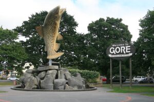 The giant brown trout statue beside the Mataura River in Gore, New Zealand.