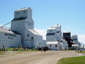 The row of five wooden grain elevators at the National Historic Site in Inglis, Manitoba.