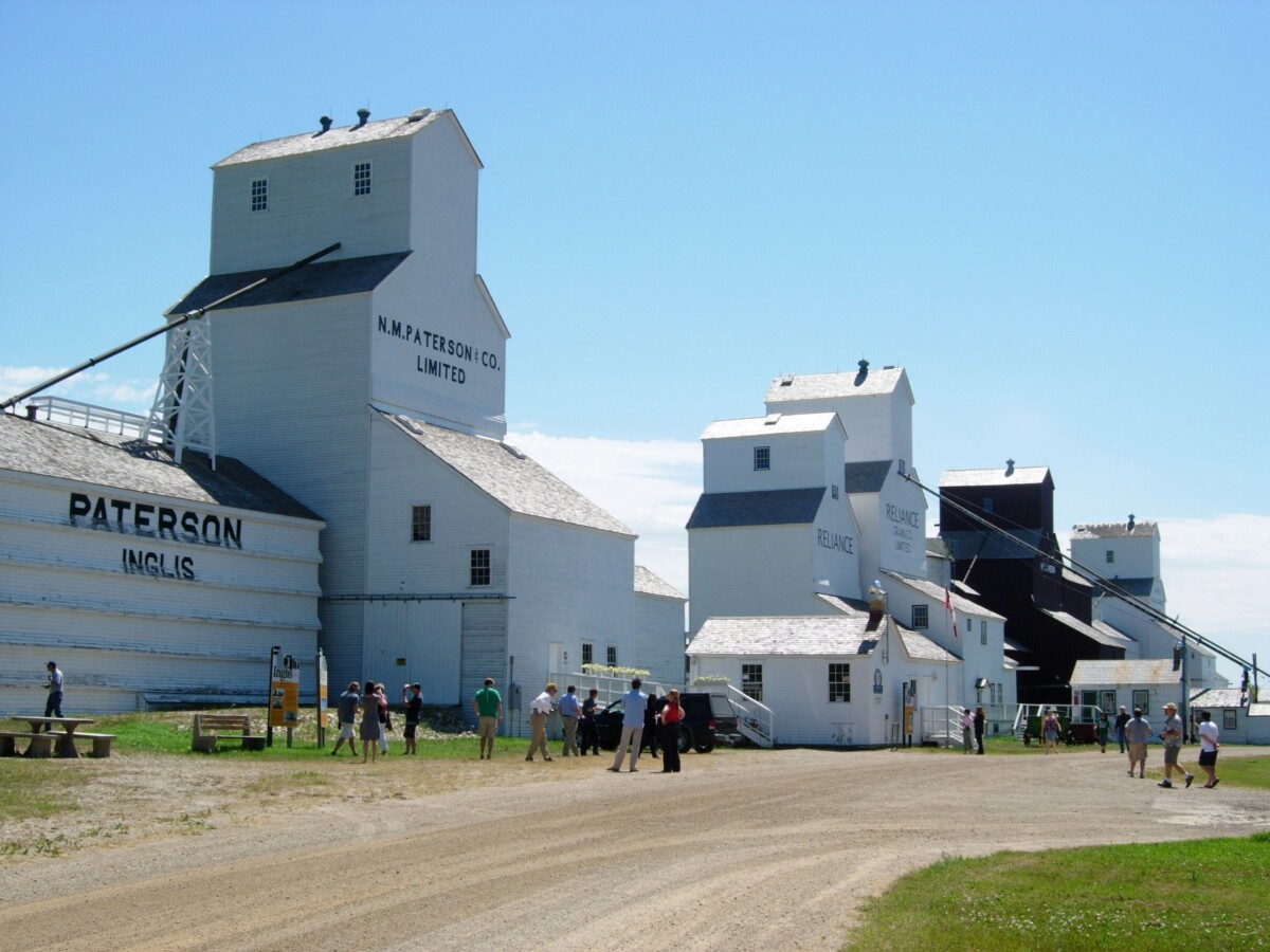 The row of five wooden grain elevators at the National Historic Site in Inglis, Manitoba.