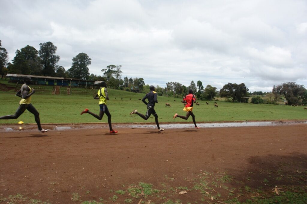Four runners in training kit stride along a red dirt track in Iten, with sheep grazing in the field behind them.