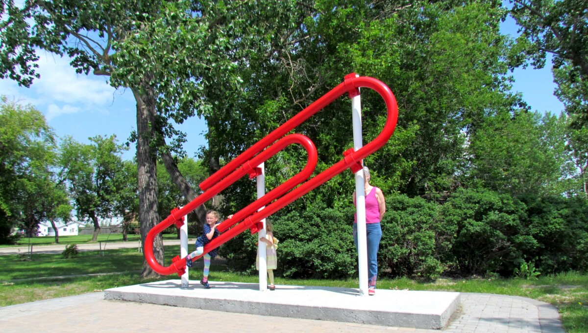 The giant red paper clip monument in Bell Park, Kipling, Saskatchewan.