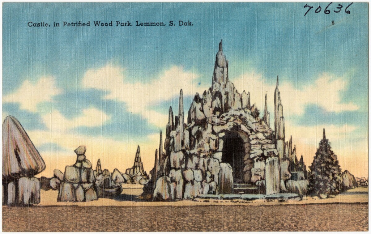 A petrified wood structure in Petrified Wood Park in Lemmon, South Dakota, on a vintage postcard.