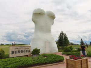 The giant bunnock statue at the highway junction in Macklin, Saskatchewan.