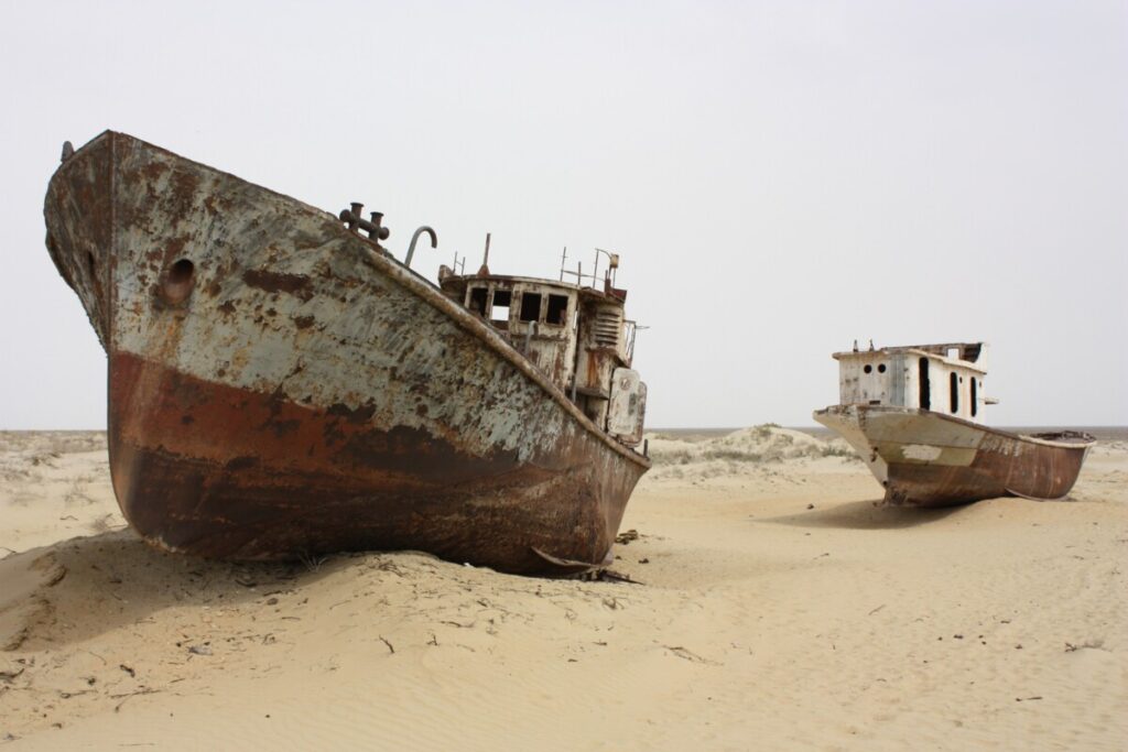 Derelict ships at the Moynaq ship graveyard, on what was once the bed of the Aral Sea