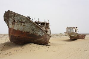 Derelict ships at the Moynaq ship graveyard, on what was once the bed of the Aral Sea