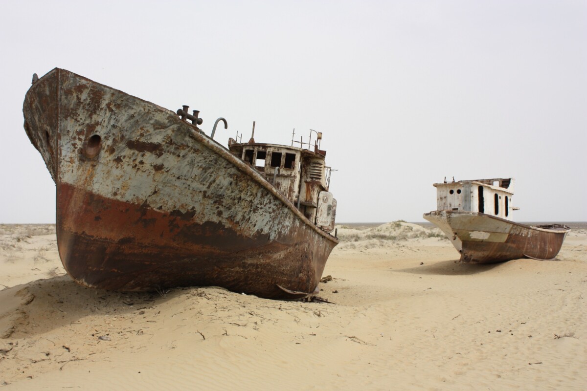 Derelict ships at the Moynaq ship graveyard, on what was once the bed of the Aral Sea