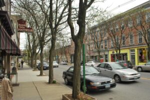 East Market Street (New York State Route 308) looking east in the village of Rhinebeck, New York.