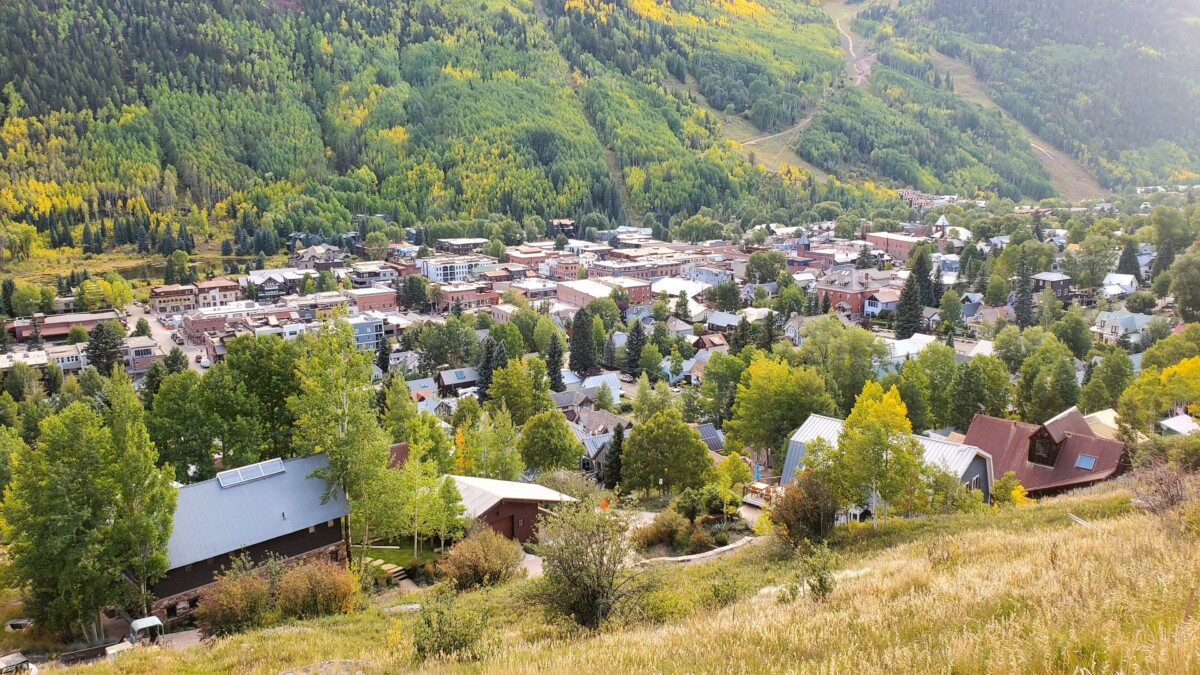 View of the town of Telluride at sunset.