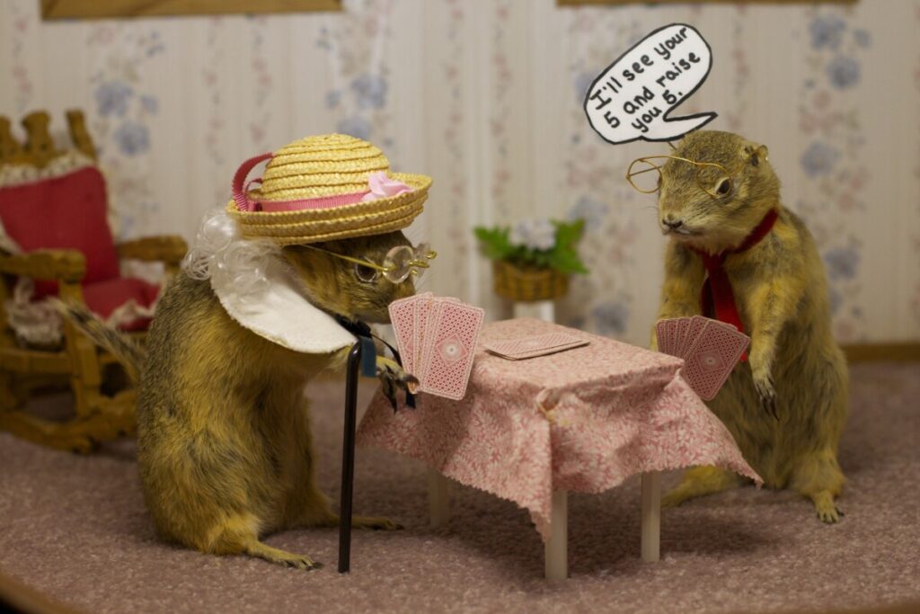 Two costumed gophers play cards at a table in a diorama at the World Famous Gopher Hole Museum in Torrington, Alberta.